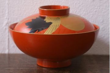 アンティーク雑貨　大正昭和初期　朱塗り　鶴蒔絵　お椀5客セット(木製漆器、和食器)(R-040554)