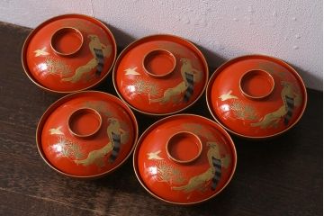 アンティーク雑貨　大正昭和初期　朱塗り　鷹蒔絵　お椀5客セット(木製漆器、和食器)(R-040555)
