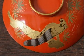 アンティーク雑貨　大正昭和初期　朱塗り　鷹蒔絵　お椀5客セット(木製漆器、和食器)(R-040555)
