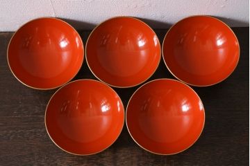 アンティーク雑貨　大正昭和初期　朱塗り　鷹蒔絵　お椀5客セット(木製漆器、和食器)(R-040556)