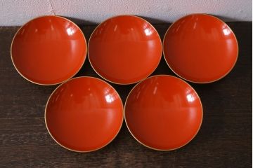 アンティーク雑貨　大正昭和初期　朱塗り　鷹蒔絵　お椀5客セット(木製漆器、和食器)(R-040556)
