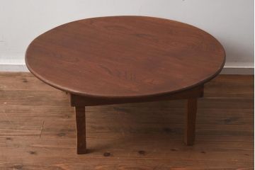 レトロ家具　昭和初期　栓材　くっきりした木目が魅力の丸ちゃぶ台(折りたたみテーブル、座卓、ローテーブル)(R-040565)