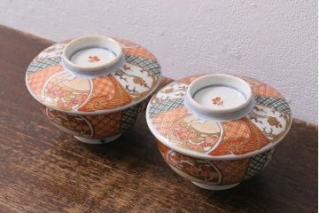 アンティーク雑貨　幕末明治期　伊万里焼　色絵蓋茶碗2客セット(蓋付茶碗、和食器)(R-040573)
