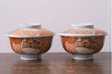 アンティーク雑貨　幕末明治期　伊万里焼　色絵蓋茶碗2客セット(蓋付茶碗、和食器)(R-040573)