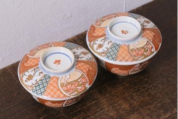 アンティーク雑貨　幕末明治期　伊万里焼　色絵蓋茶碗2客セット(蓋付茶碗、和食器)(R-040573)