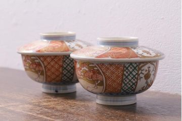 アンティーク雑貨　幕末明治期　伊万里焼　色絵蓋茶碗2客セット(蓋付茶碗、和食器)(R-040573)