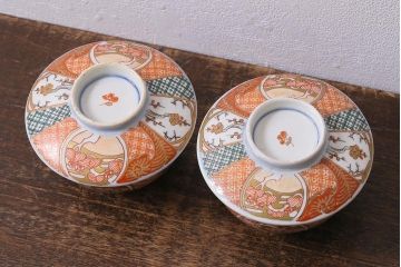 アンティーク雑貨　幕末明治期　伊万里焼　色絵蓋茶碗2客セット(蓋付茶碗、和食器)(R-040573)