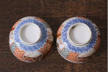 アンティーク雑貨　幕末明治期　伊万里焼　色絵蓋茶碗2客セット(蓋付茶碗、和食器)(R-040573)