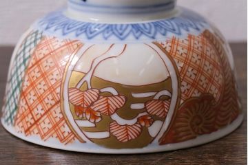 アンティーク雑貨　幕末明治期　伊万里焼　色絵蓋茶碗2客セット(蓋付茶碗、和食器)(R-040573)
