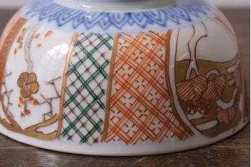 アンティーク雑貨　幕末明治期　伊万里焼　色絵蓋茶碗2客セット(蓋付茶碗、和食器)(R-040573)