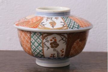 アンティーク雑貨　幕末明治期　伊万里焼　色絵蓋茶碗2客セット(蓋付茶碗、和食器)(R-040573)