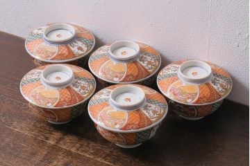 アンティーク雑貨　幕末明治期　伊万里焼　色絵蓋茶碗5客セット(蓋付茶碗、和食器)(R-040574)