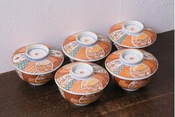 アンティーク雑貨　幕末明治期　伊万里焼　色絵蓋茶碗5客セット(蓋付茶碗、和食器)(R-040574)