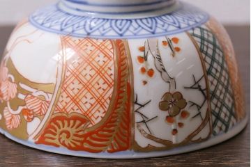 アンティーク雑貨　幕末明治期　伊万里焼　色絵蓋茶碗5客セット(蓋付茶碗、和食器)(R-040574)