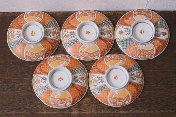 アンティーク雑貨　幕末明治期　伊万里焼　色絵蓋茶碗5客セット(蓋付茶碗、和食器)(R-040574)