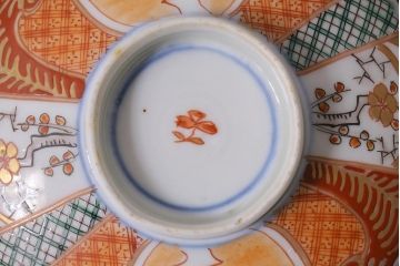 アンティーク雑貨　幕末明治期　伊万里焼　色絵蓋茶碗5客セット(蓋付茶碗、和食器)(R-040574)