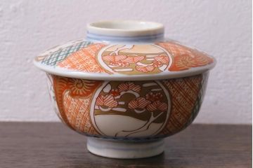アンティーク雑貨　幕末明治期　伊万里焼　色絵蓋茶碗5客セット(蓋付茶碗、和食器)(R-040574)