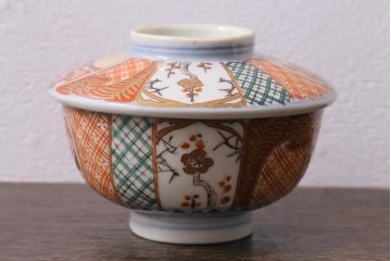 アンティーク雑貨　幕末明治期　伊万里焼　色絵蓋茶碗5客セット(蓋付茶碗、和食器)(R-040574)