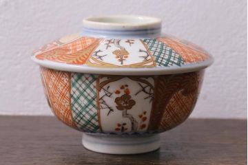 アンティーク雑貨　幕末明治期　伊万里焼　色絵蓋茶碗5客セット(蓋付茶碗、和食器)(R-040575)