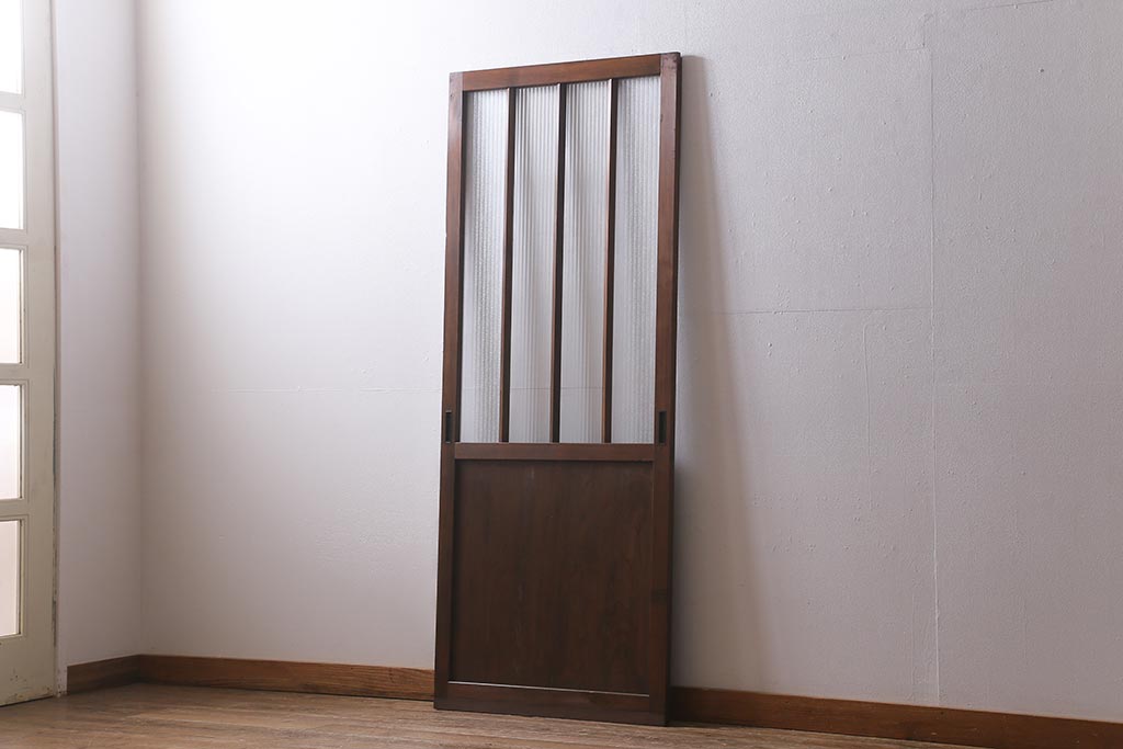 アンティーク建具　昭和中期　銀モールガラス・モールガラス入り　ストライプ模様がレトロなガラス引き戸1枚(ガラス戸)(R-040588)