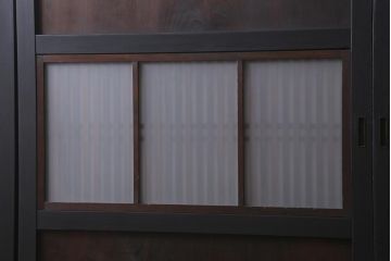 アンティーク建具　明治大正期　ペイント　すりガラス入り　黒い木枠がモダンな格子帯戸4枚セット(引き戸、板戸)(R-040589)