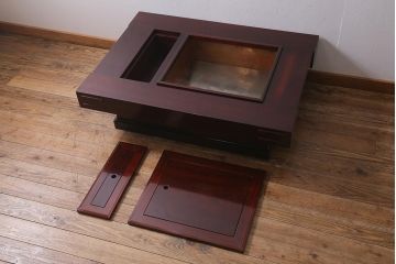 ヴィンテージ家具　カリン材(花梨材)　天板極厚　貫禄のある重厚な佇まいの関西火鉢(ローテーブル、長火鉢、座卓、リビングテーブル、囲炉裏、ビンテージ)(R-040617)