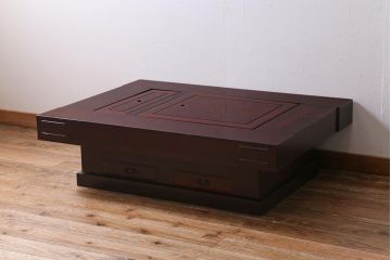 ヴィンテージ家具　カリン材(花梨材)　天板極厚　貫禄のある重厚な佇まいの関西火鉢(ローテーブル、長火鉢、座卓、リビングテーブル、囲炉裏、ビンテージ)(R-040617)