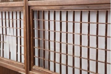 アンティーク建具 和製アンティーク　大正昭和初期　変わり手　中央が障子の珍しい格子戸2枚セット(引き戸、帯格子戸)(R-040627)