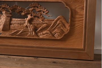 ビンテージ家具　昭和中期　近江八景　情緒溢れる彫刻欄間(明り取り、明かり取り、ガラス無し)(R-040657)