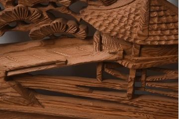 ビンテージ家具　昭和中期　近江八景　情緒溢れる彫刻欄間(明り取り、明かり取り、ガラス無し)(R-040657)