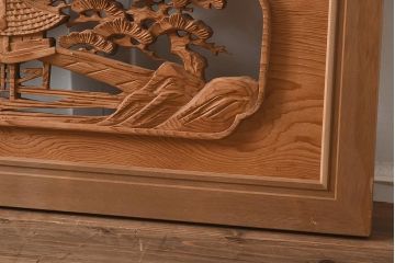 ビンテージ家具　昭和中期　近江八景　情緒溢れる彫刻欄間(明り取り、明かり取り、ガラス無し)(R-040657)