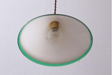 ヴィンテージ照明　ヨーロッパ　グリーンのラインが素敵な三角シェードのペンダントライト(吊り下げ照明、天井照明、シェード、ビンテージ)(R-040690)