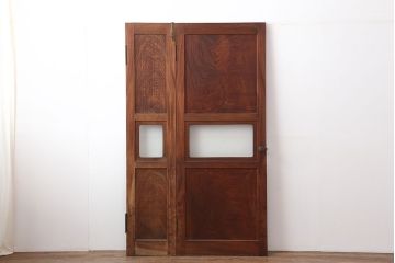 アンティーク家具　和製アンティーク　大正昭和初期　激レア　両開き　美しい杢目の総ケヤキ材でつくられた折り戸1対(親子ドア、木製ドア、扉)(R-040727)