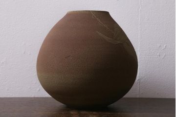 未使用　笠間焼　荒田耕治作　緑藻釉山芋文様壷(R-040744)