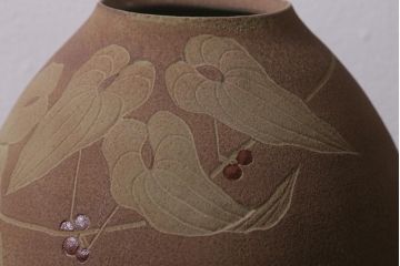 未使用　笠間焼　荒田耕治作　緑藻釉山芋文様壷(R-040744)