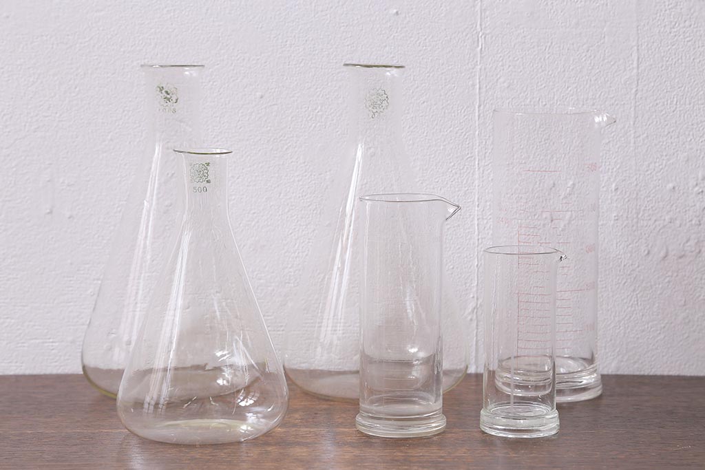 レトロ雑貨　昭和レトロ　実験器具　ビーカーセット6点(メスシリンダー、三角フラスコ)(R-040751)