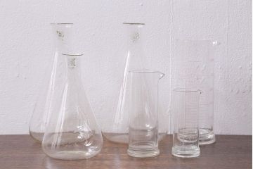 レトロ雑貨　昭和レトロ　実験器具　ビーカーセット6点(メスシリンダー、三角フラスコ)(R-040751)
