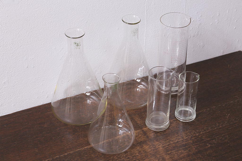 レトロ雑貨　昭和レトロ　実験器具　ビーカーセット6点(メスシリンダー、三角フラスコ)(R-040751)