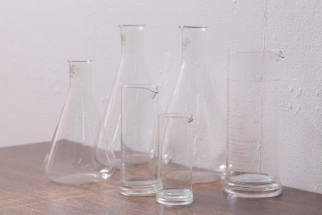 レトロ雑貨　昭和レトロ　実験器具　ビーカーセット6点(メスシリンダー、三角フラスコ)(R-040751)