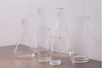 レトロ雑貨　昭和レトロ　実験器具　ビーカーセット6点(メスシリンダー、三角フラスコ)(R-040751)