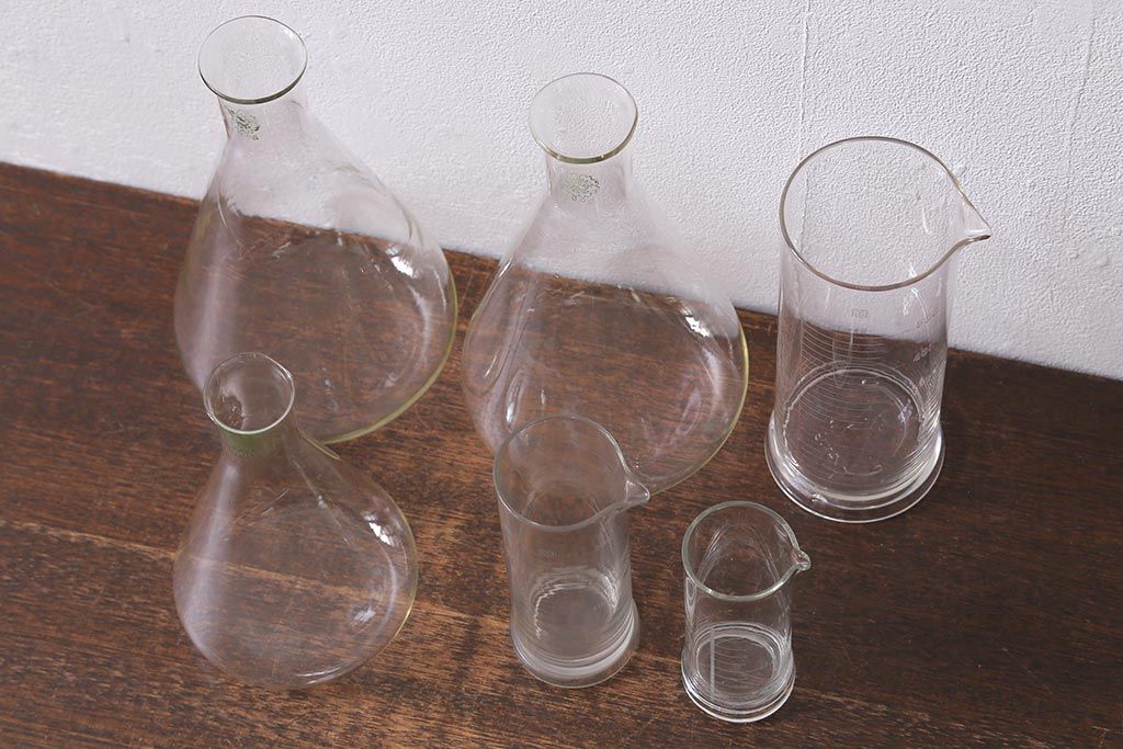 レトロ雑貨　昭和レトロ　実験器具　ビーカーセット6点(メスシリンダー、三角フラスコ)(R-040751)