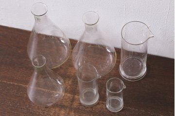 レトロ雑貨　昭和レトロ　実験器具　ビーカーセット6点(メスシリンダー、三角フラスコ)(R-040751)