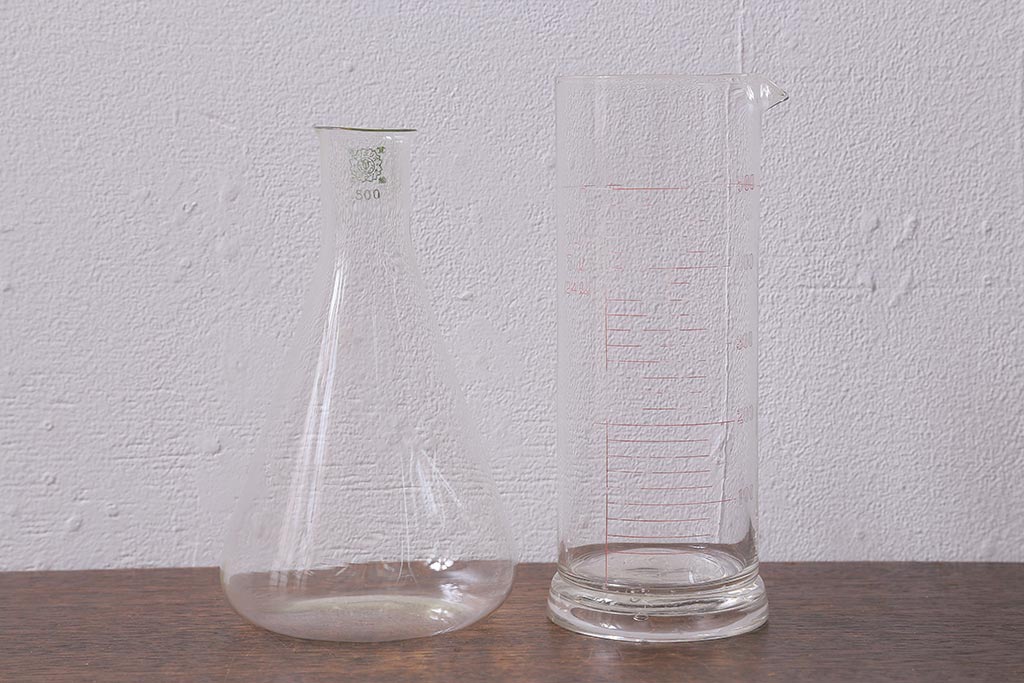 レトロ雑貨　昭和レトロ　実験器具　ビーカーセット6点(メスシリンダー、三角フラスコ)(R-040751)