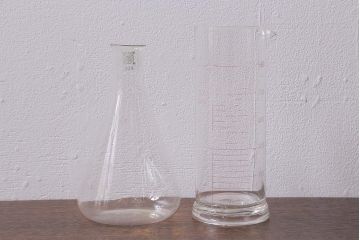 レトロ雑貨　昭和レトロ　実験器具　ビーカーセット6点(メスシリンダー、三角フラスコ)(R-040751)