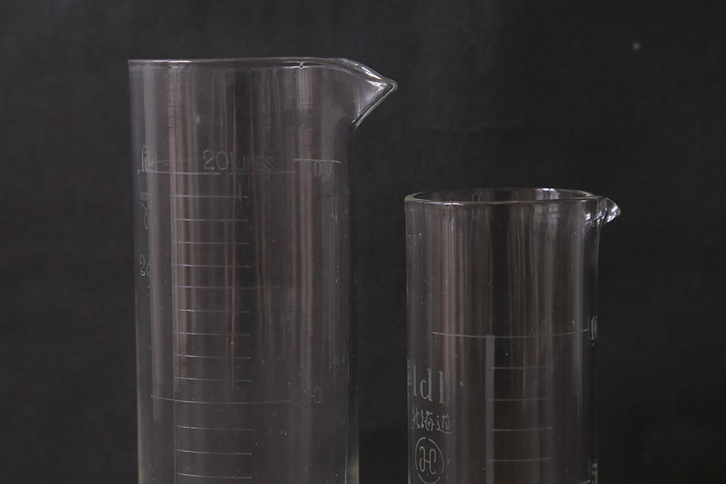 レトロ雑貨　昭和レトロ　実験器具　ビーカーセット6点(メスシリンダー、三角フラスコ)(R-040751)