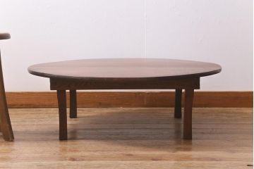 アンティーク家具　昭和中期　栓材　色の濃い美しい木目が目を引く丸ちゃぶ台(折りたたみテーブル、座卓、ローテーブル)(R-040776)