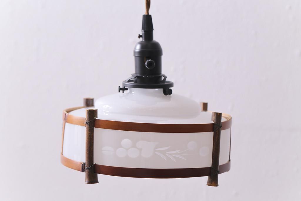 レトロ照明　昭和レトロ　竹細工と透かしが魅力的なペンダントライト(天井照明、電笠、シェード)(R-040816)