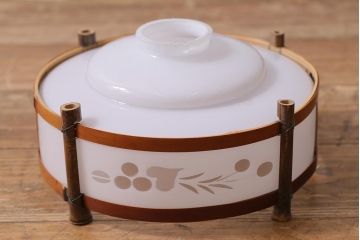 レトロ照明　昭和レトロ　竹細工と透かしが魅力的なペンダントライト(天井照明、電笠、シェード)(R-040816)