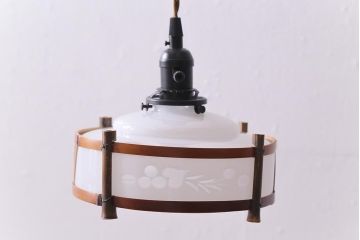 レトロ照明　昭和レトロ　竹細工と透かしが魅力的なペンダントライト(天井照明、電笠、シェード)(R-040816)