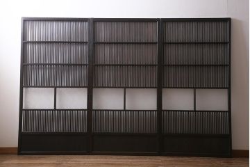 アンティーク建具　昭和初期　レトロな模様が入ったガラスが魅力の格子戸3枚セット(引き戸、ガラス帯戸)(R-040829)